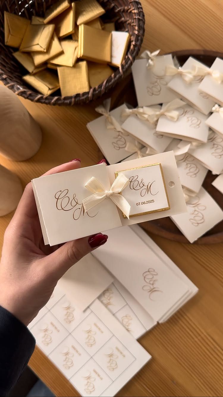 Gold wrapped chocolate favor in a white personalized card with a cream ribbon.