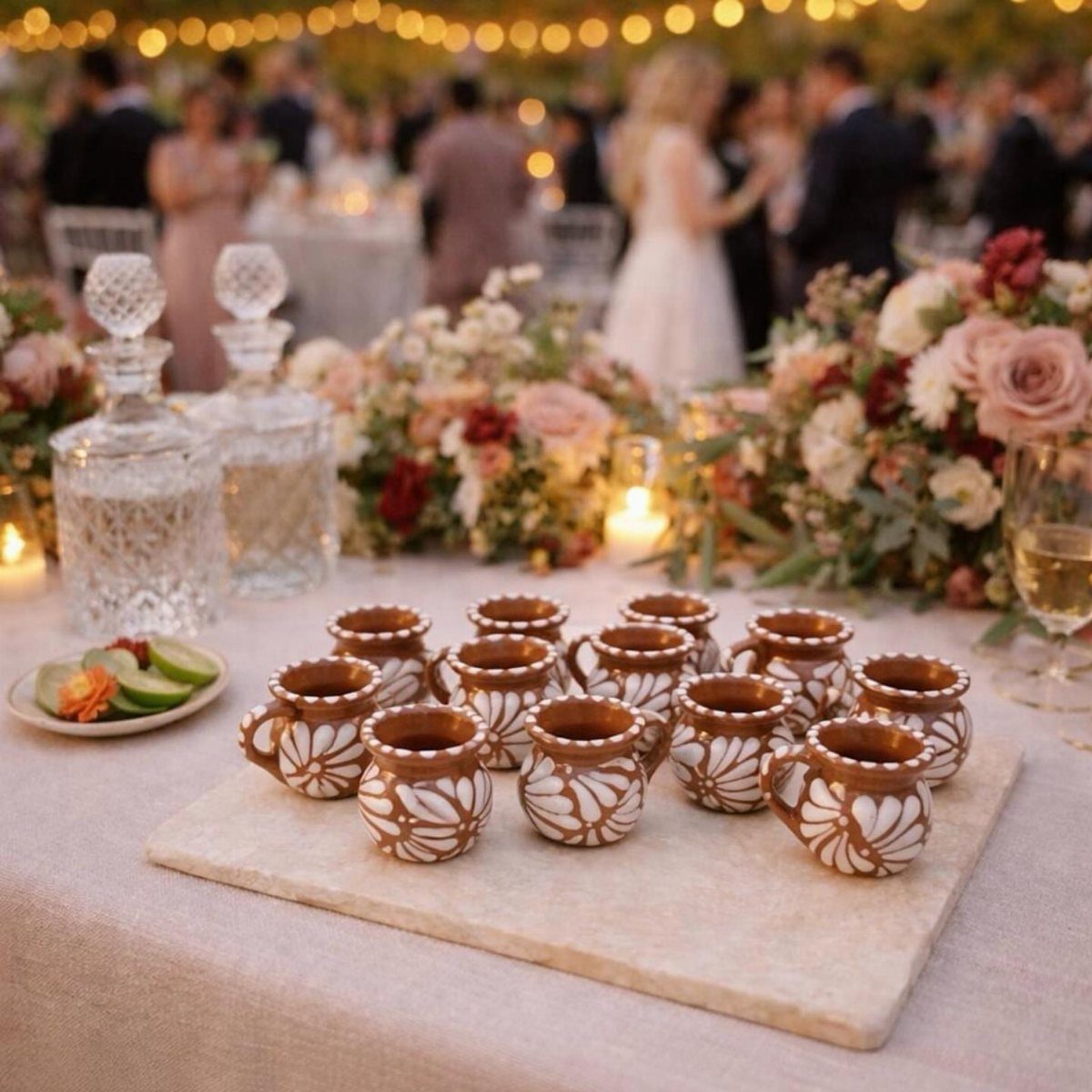 Small brown clay cups with white patterns on a stone tray at a wedding.