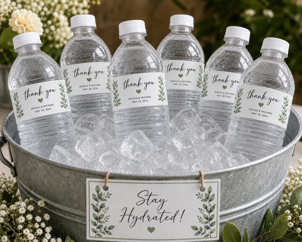 Water bottles with custom thank you labels sitting in an ice-filled metal tub.