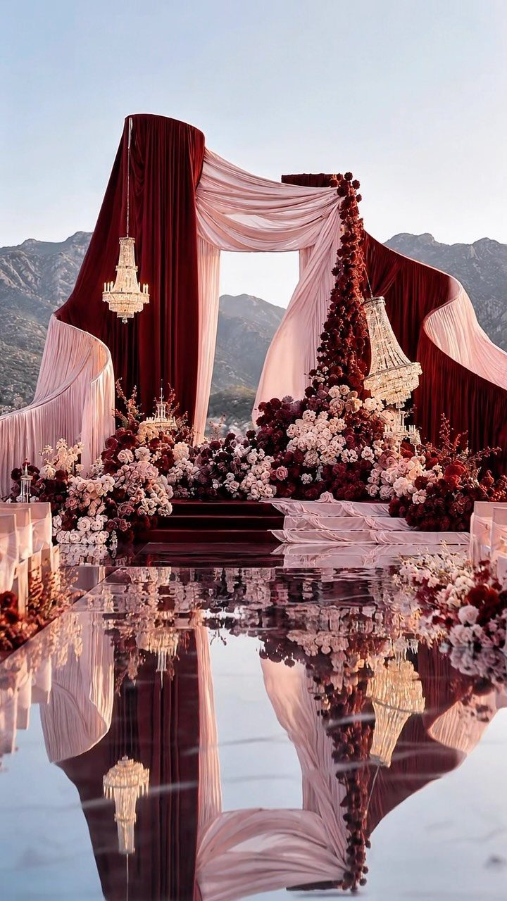 Berry red and pink wedding altar with floral arrangements and crystal chandeliers outdoors.