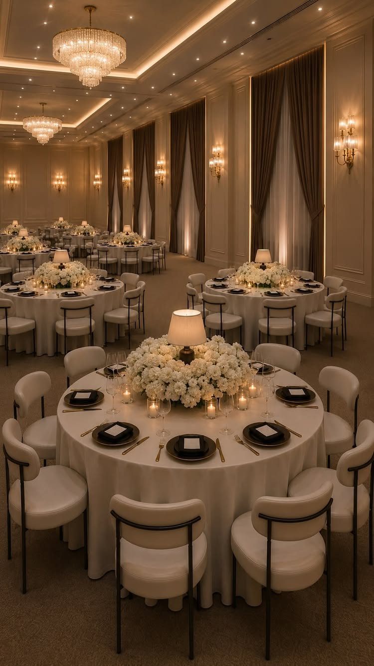 Ivory wedding tablescapes with white flowers and brown curtains in a ballroom