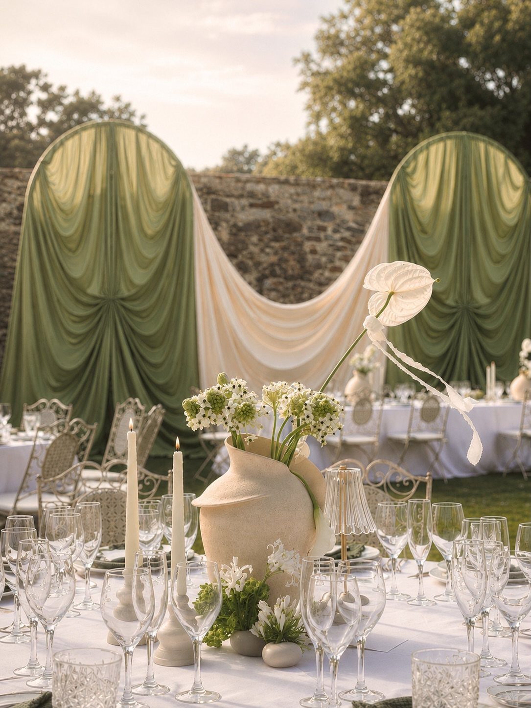 Outdoor wedding table with white flowers and draped sage green and ivory fabric backgrounds.
