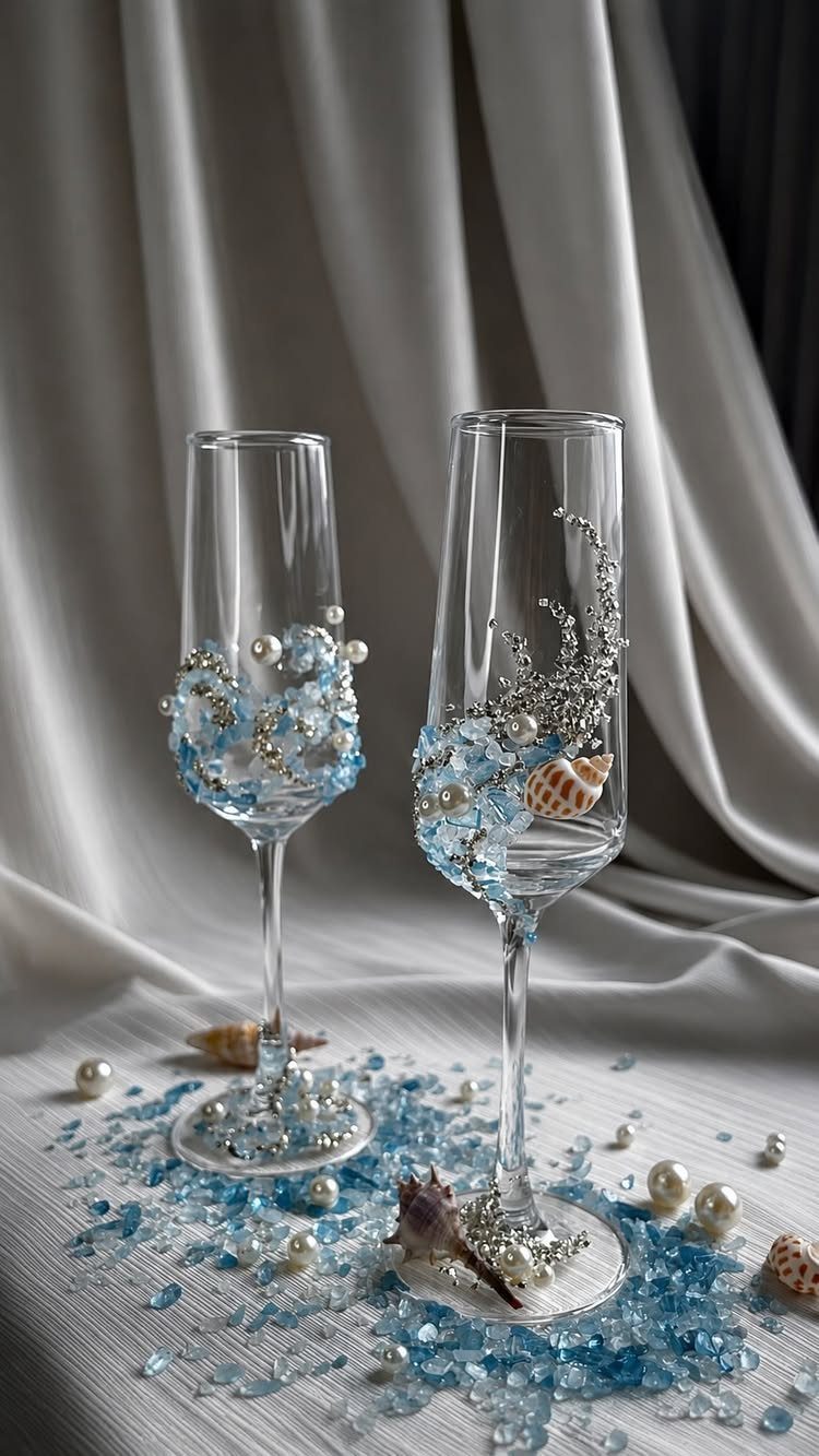 Two champagne flutes decorated with blue glass, pearls, and seashells on white fabric.
