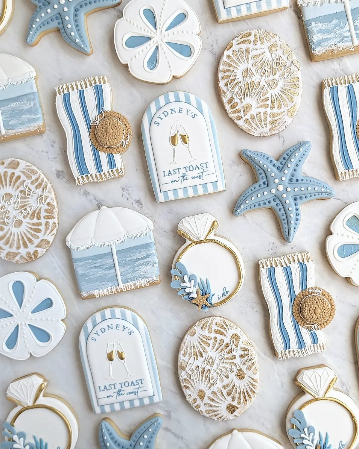 Beach themed iced sugar cookies in shapes of starfish, shells, and rings.