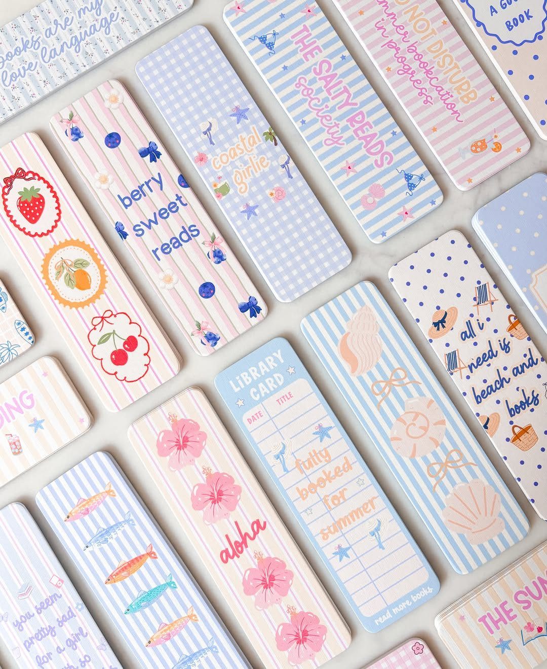 Pastel rectangular bookmarks with beach themes, shells, and summer-inspired text and patterns.
