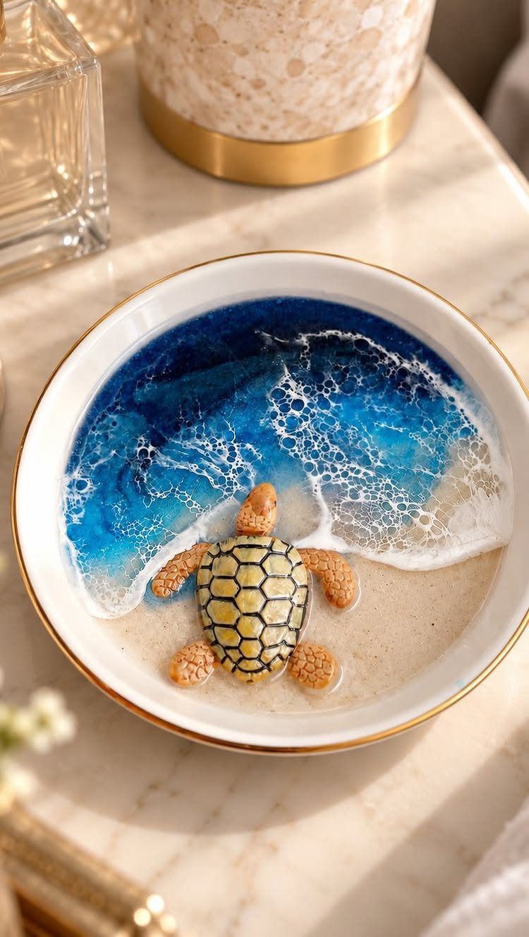 Resin art bowl depicting a sea turtle on a sandy beach with blue waves