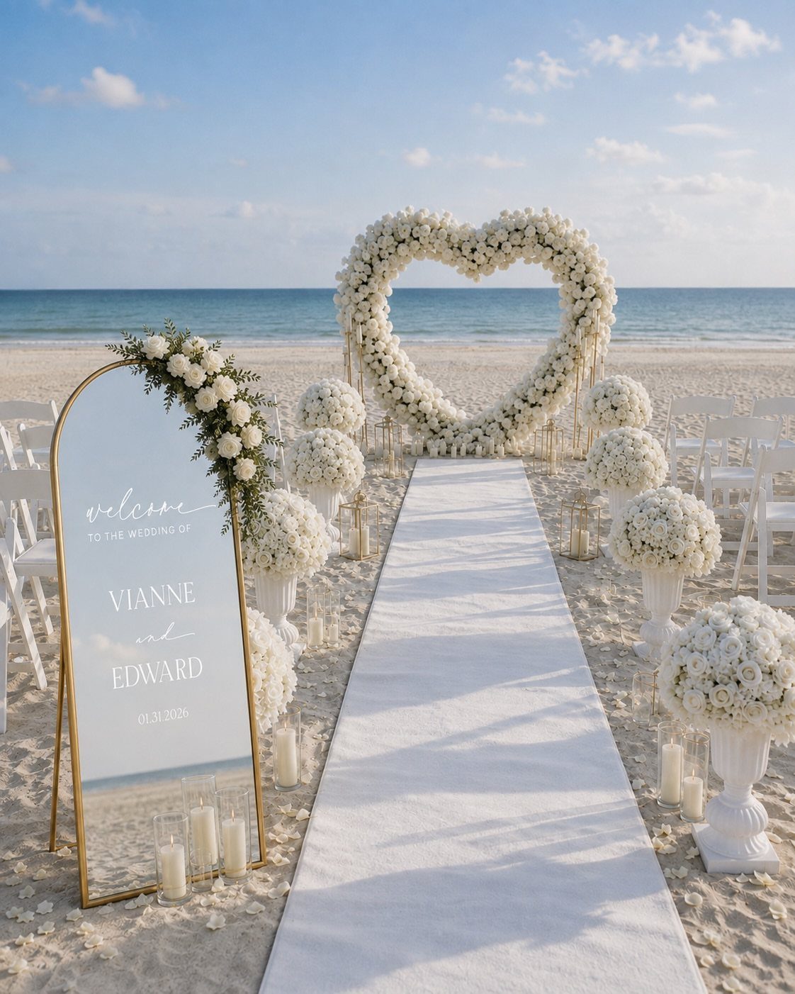 White floral heart arch and aisle runner on a sandy beach wedding setup.