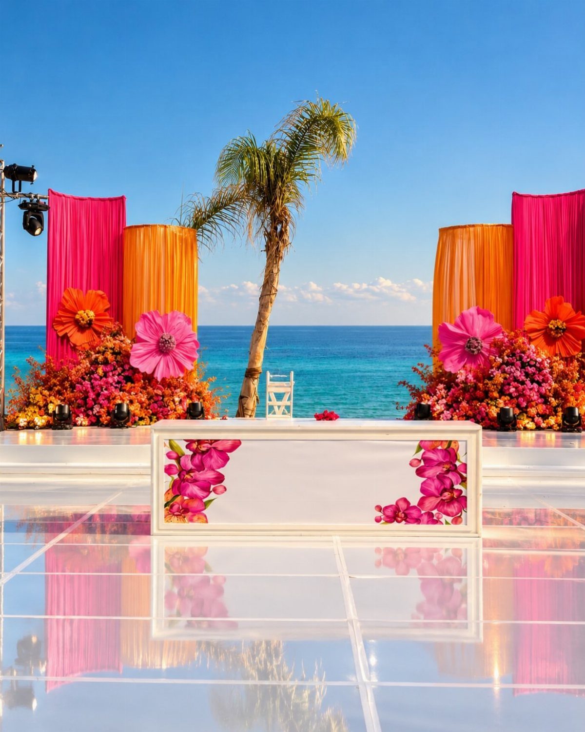 Vibrant fuchsia and orange wedding decor on a beach with ocean views.
