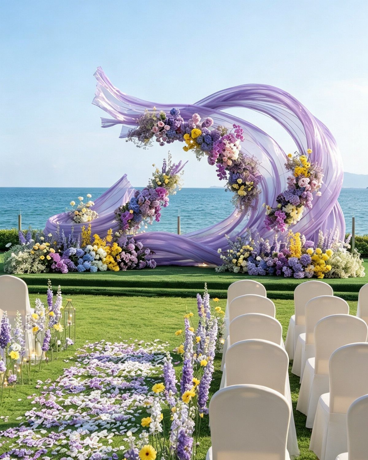 Purple fabric wedding arch with colorful flowers on a lawn by the ocean
