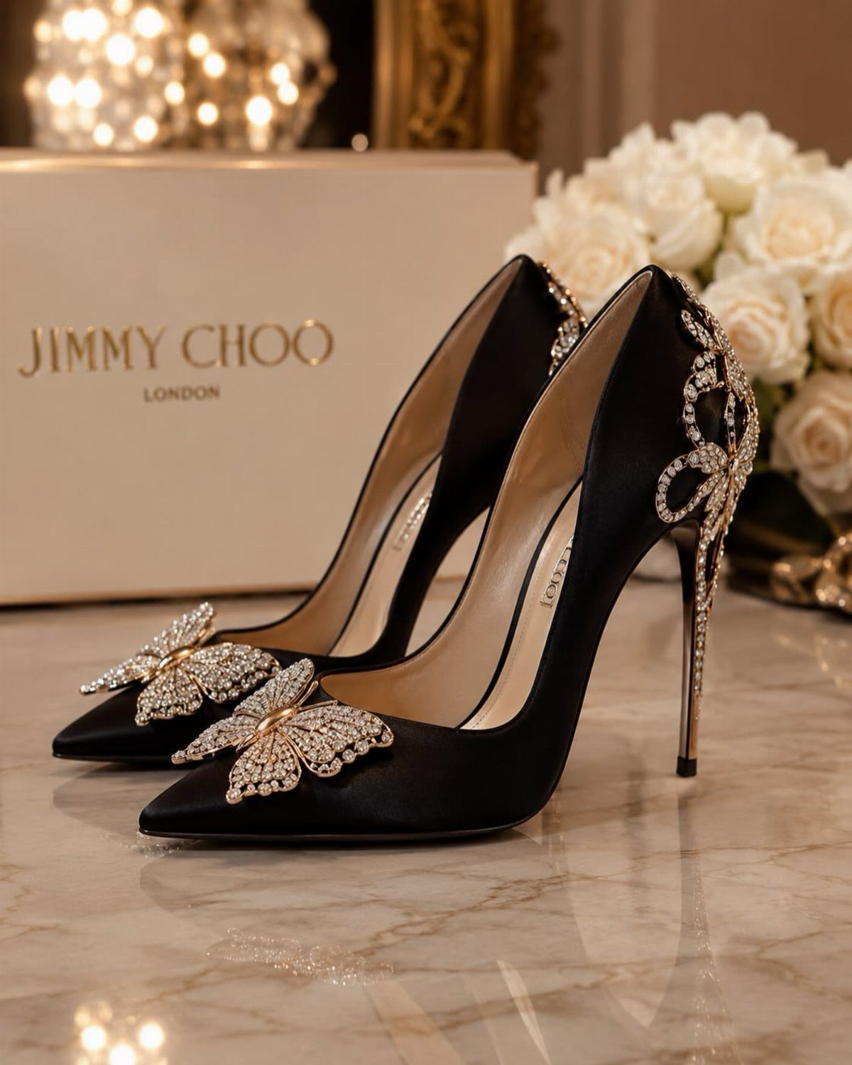 Black satin high heels with crystal butterfly details next to white roses.