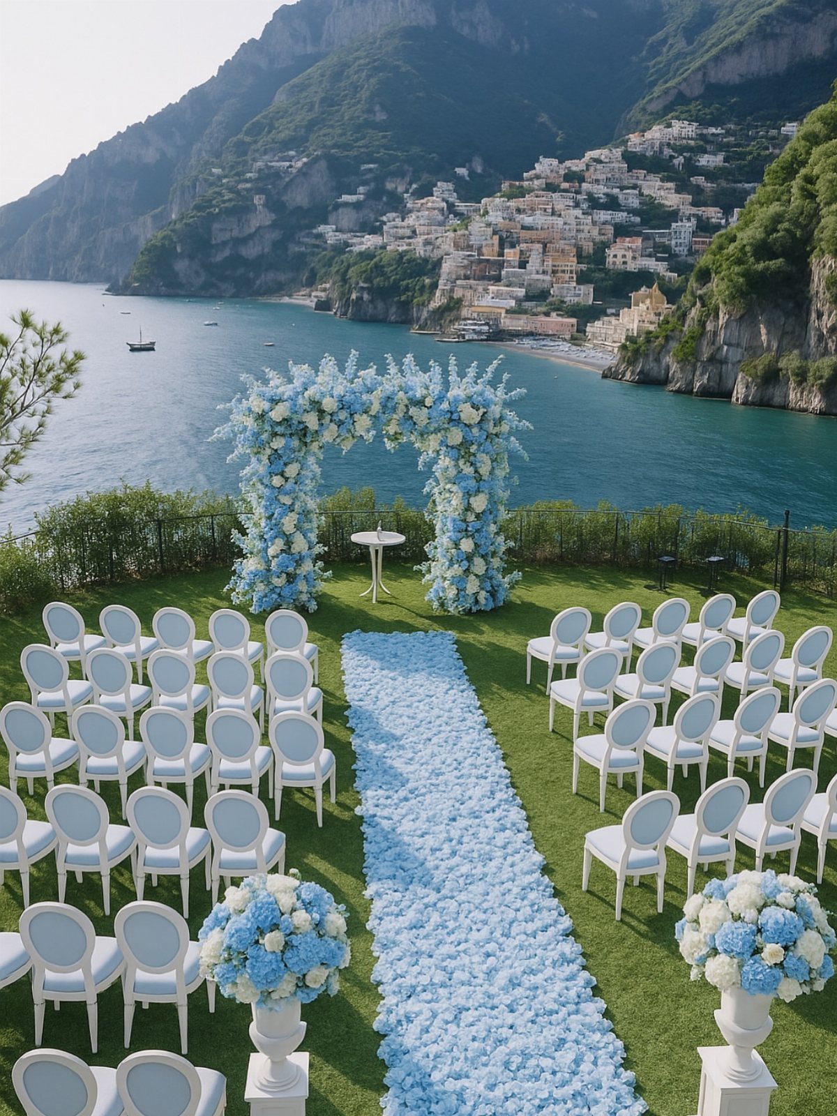 Outdoor wedding ceremony setup with light blue floral arch and petal aisle runner.