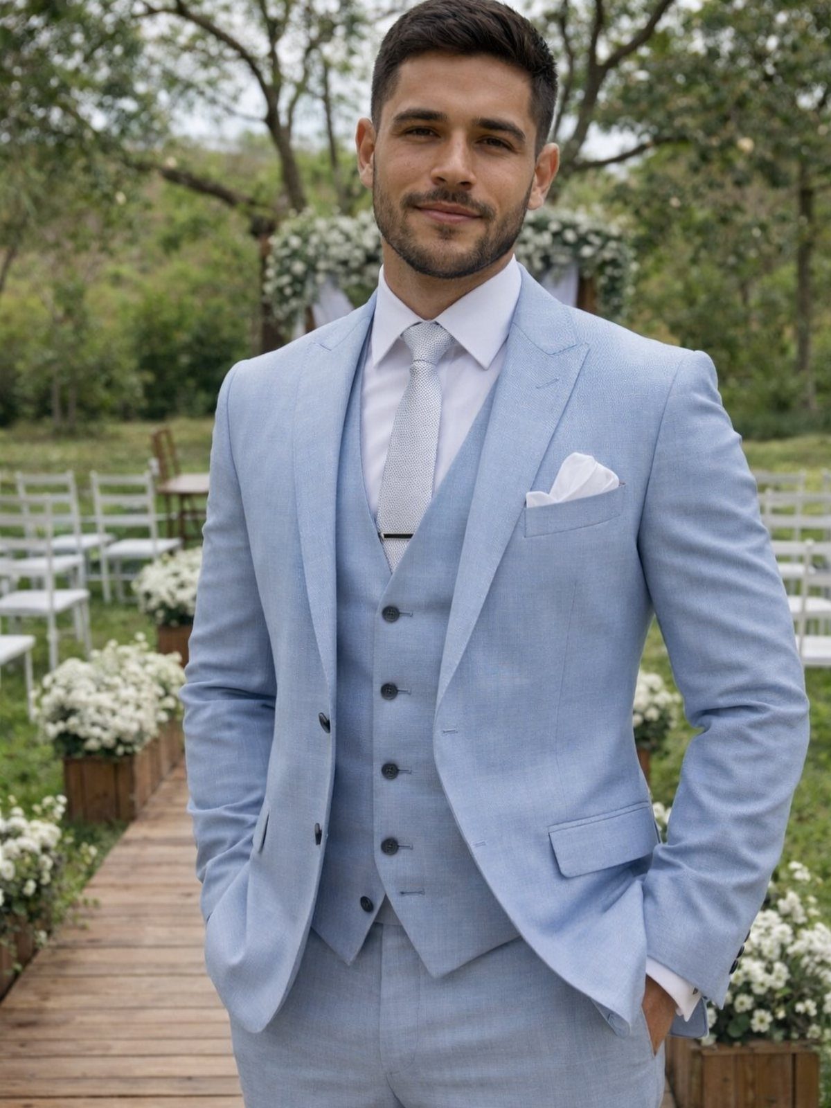 Man in a light blue three-piece suit standing on a wooden wedding walkway.