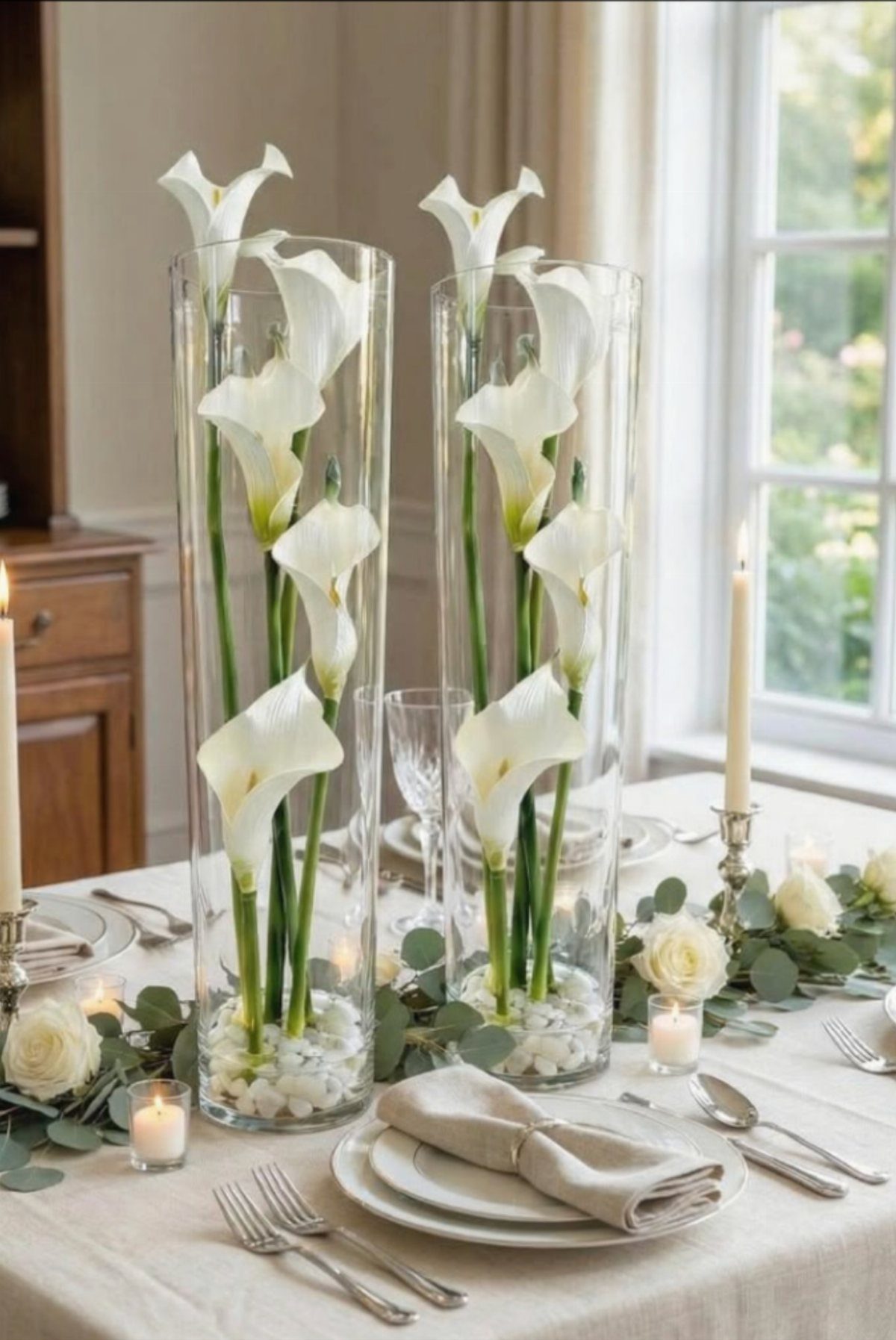 White calla lilies in tall glass cylinders with eucalyptus greenery on a wedding table.
