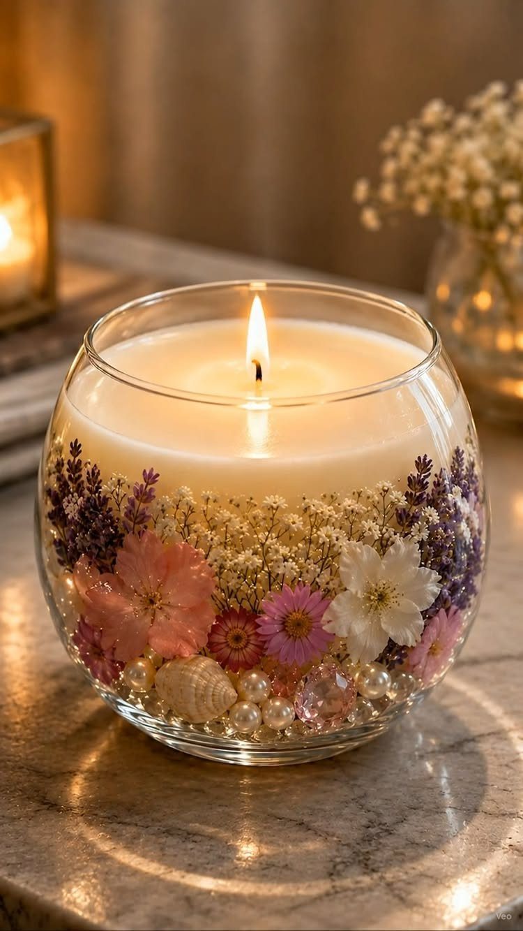 Lit white candle in a glass bowl decorated with pressed flowers and pearls