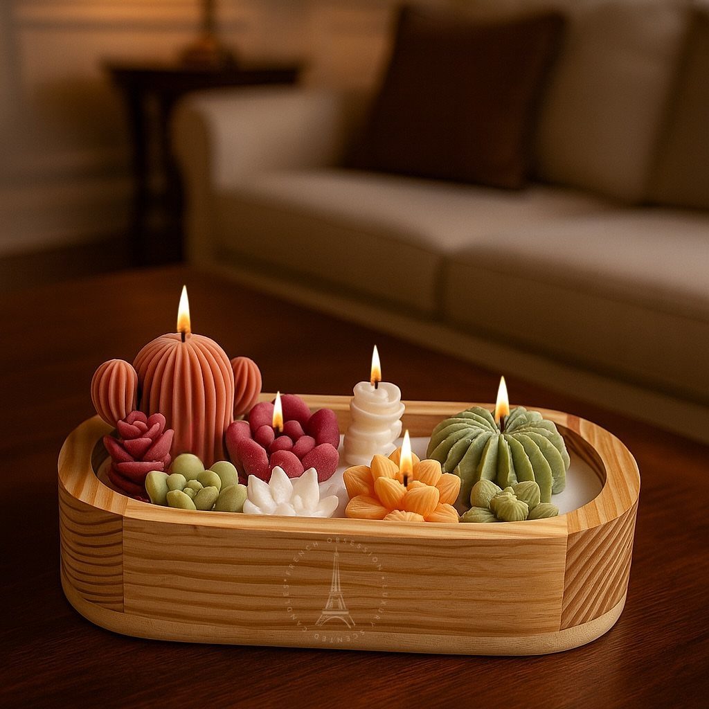 Succulent and cactus shaped candles lit in a wooden tray on a table