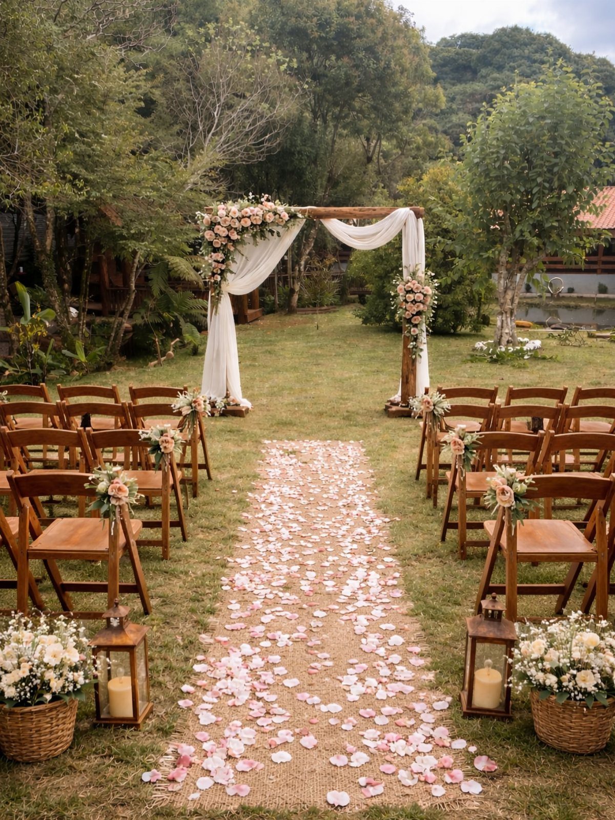 Wooden wedding arch with white fabric and pink flowers in an outdoor garden setting