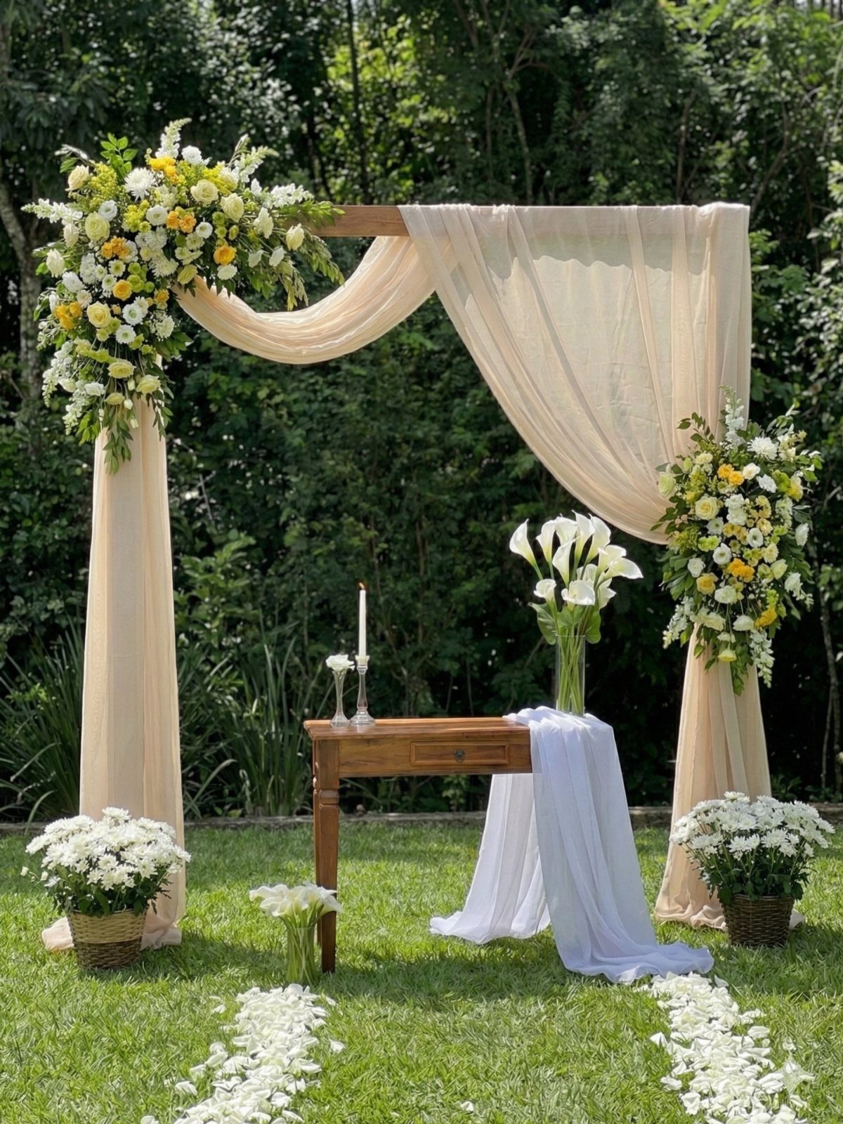 Wooden wedding arch with beige fabric and yellow flowers over a small table.