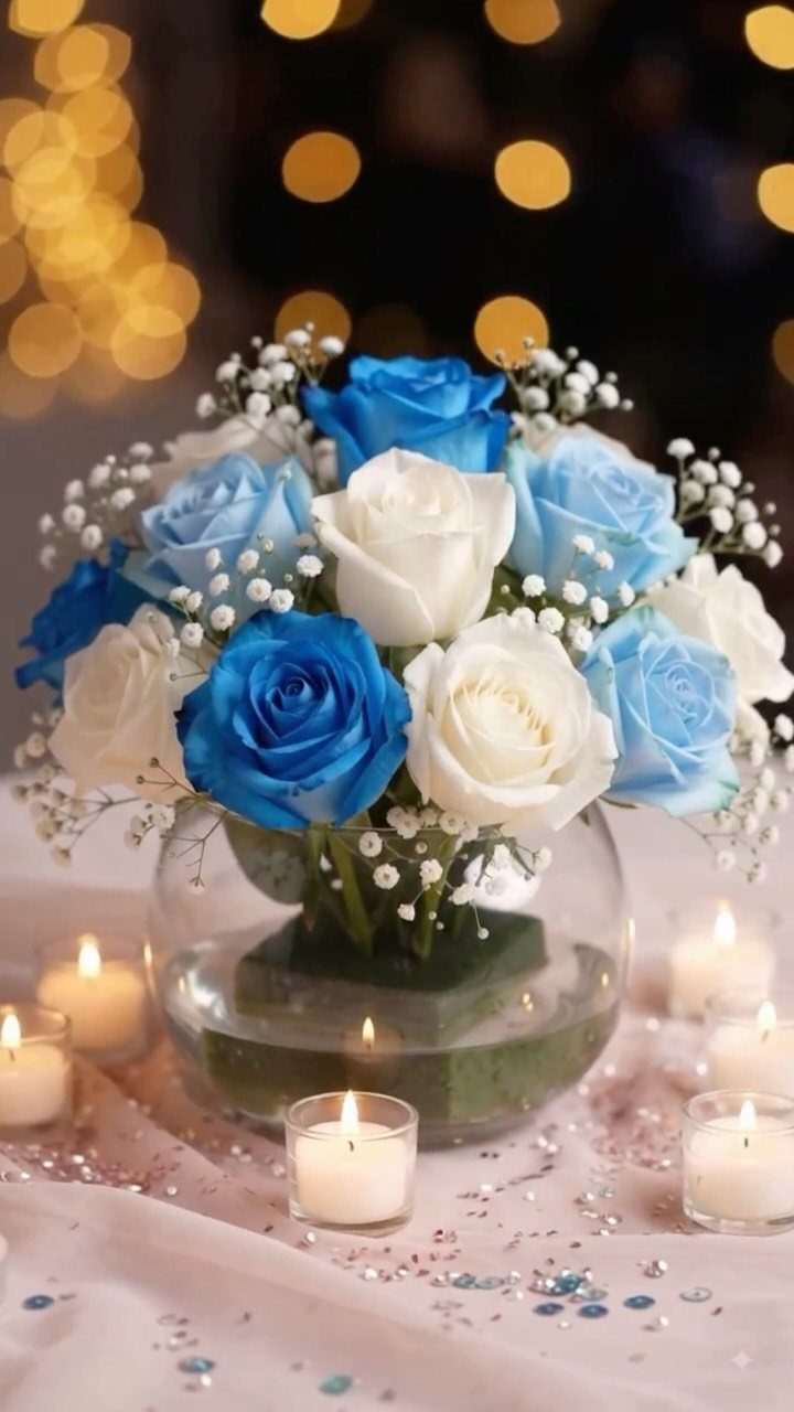 Blue and white roses in a glass bowl surrounded by glowing tea light candles.