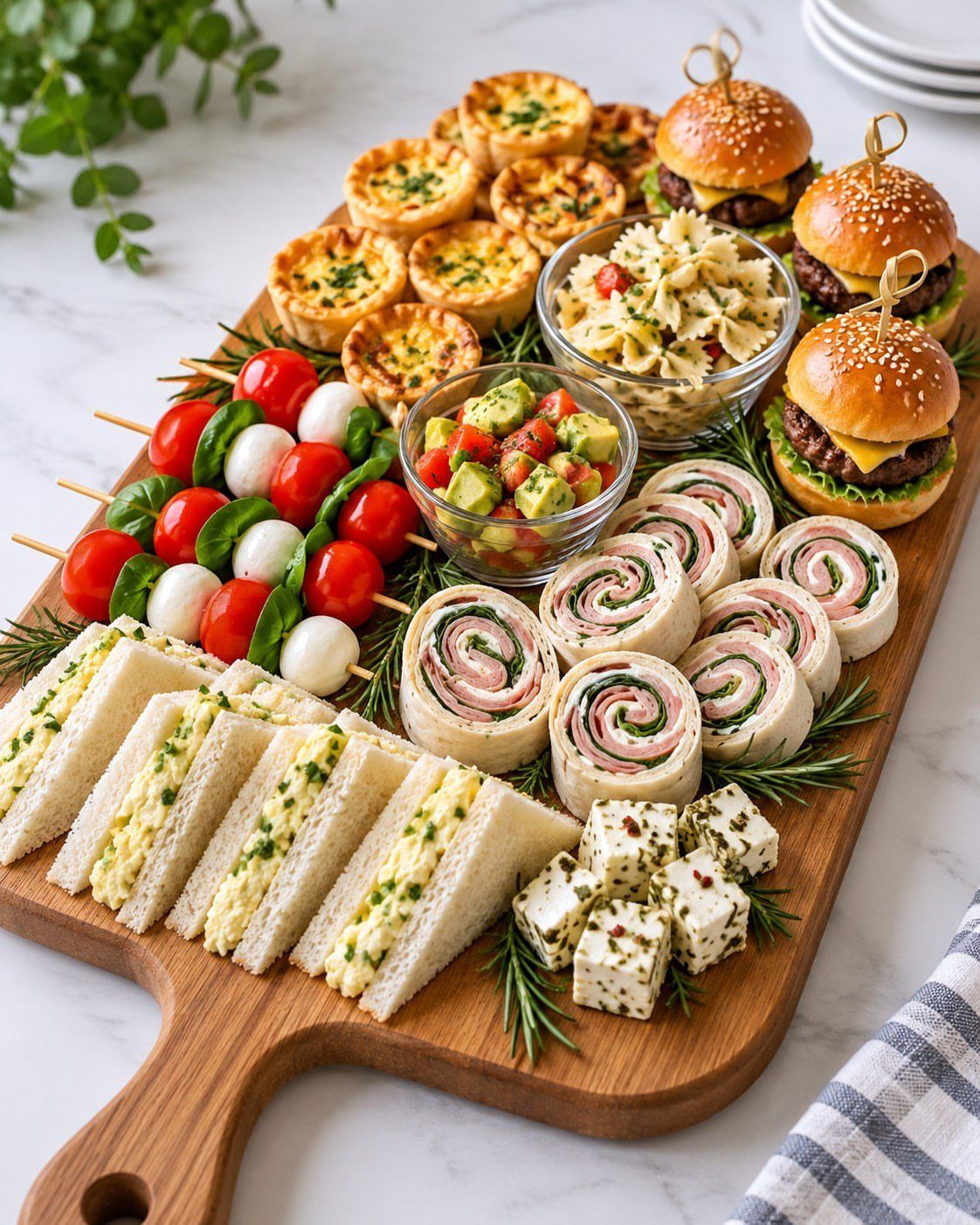 Wooden serving board with mini burgers, wraps, sandwiches, and various party appetizers.