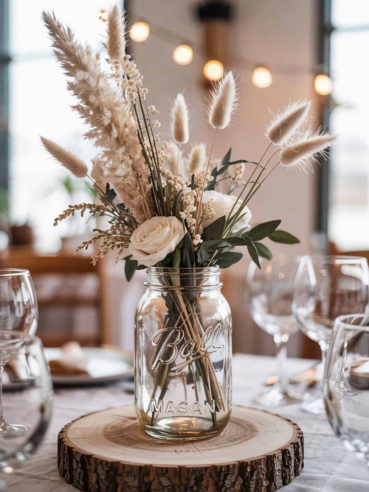 Mason jar with white flowers and pampas grass on a wooden log slice