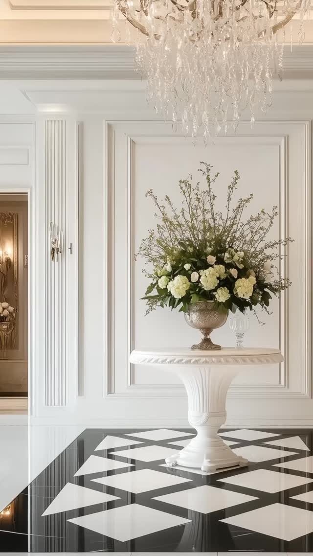 Crystal chandelier hanging above a white floral arrangement on a pedestal table.