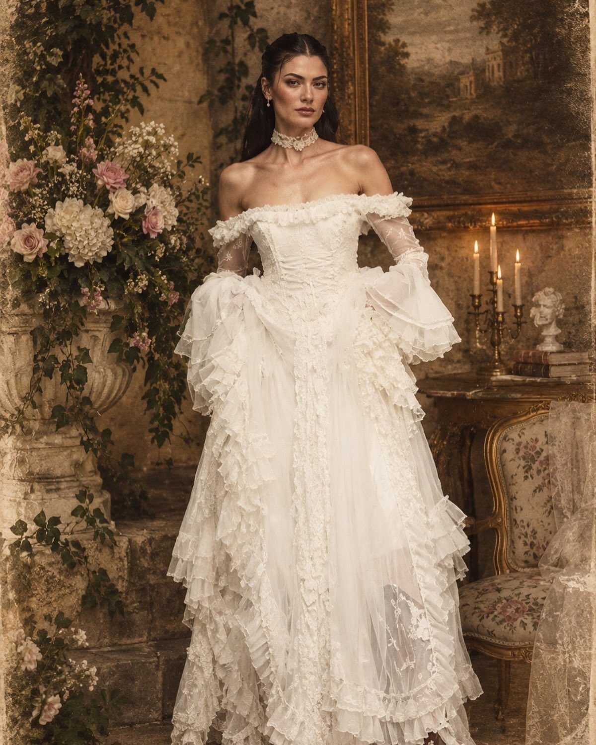 Woman in a ruffled white vintage wedding gown standing in an ornate room.