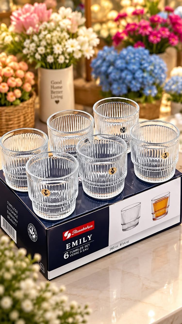 Six ribbed clear glass tumblers in a dark blue branded gift box.