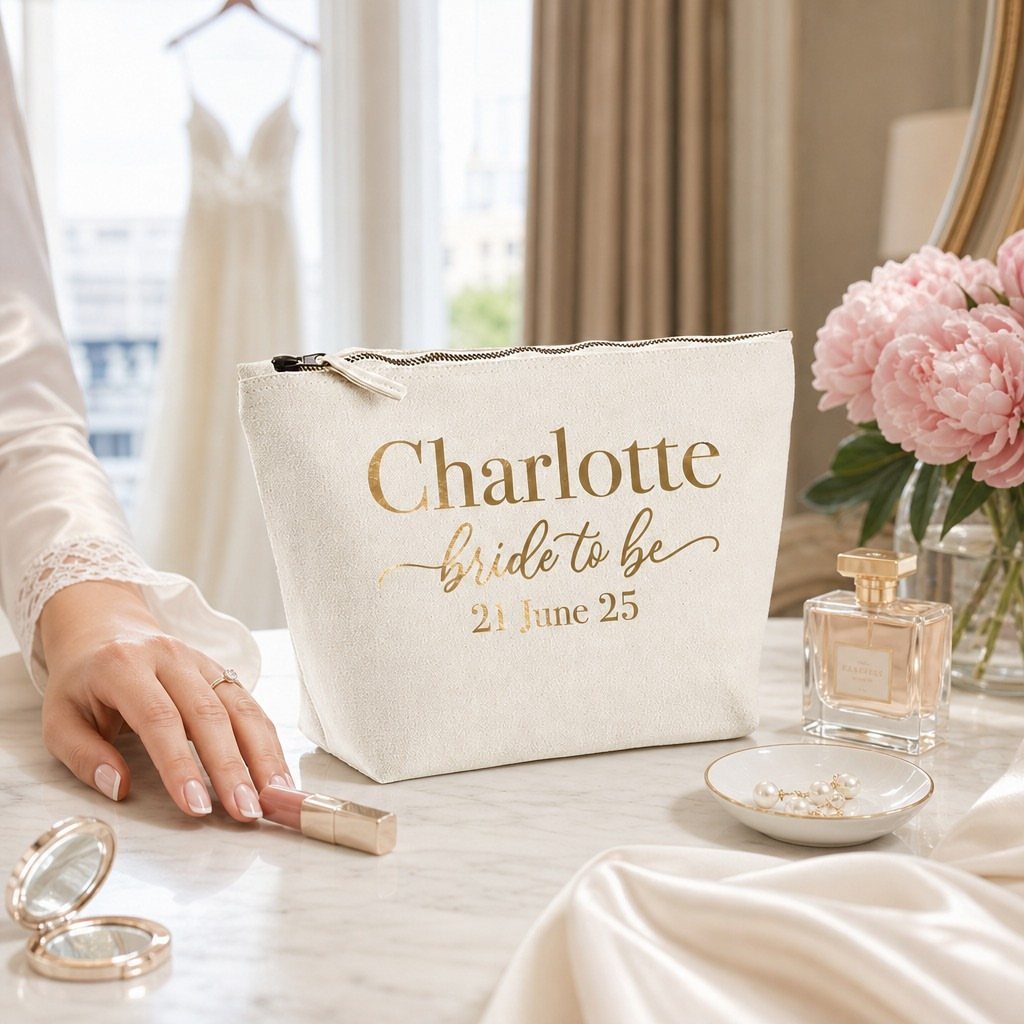 Personalized white canvas makeup bag with gold bridal text on a marble table