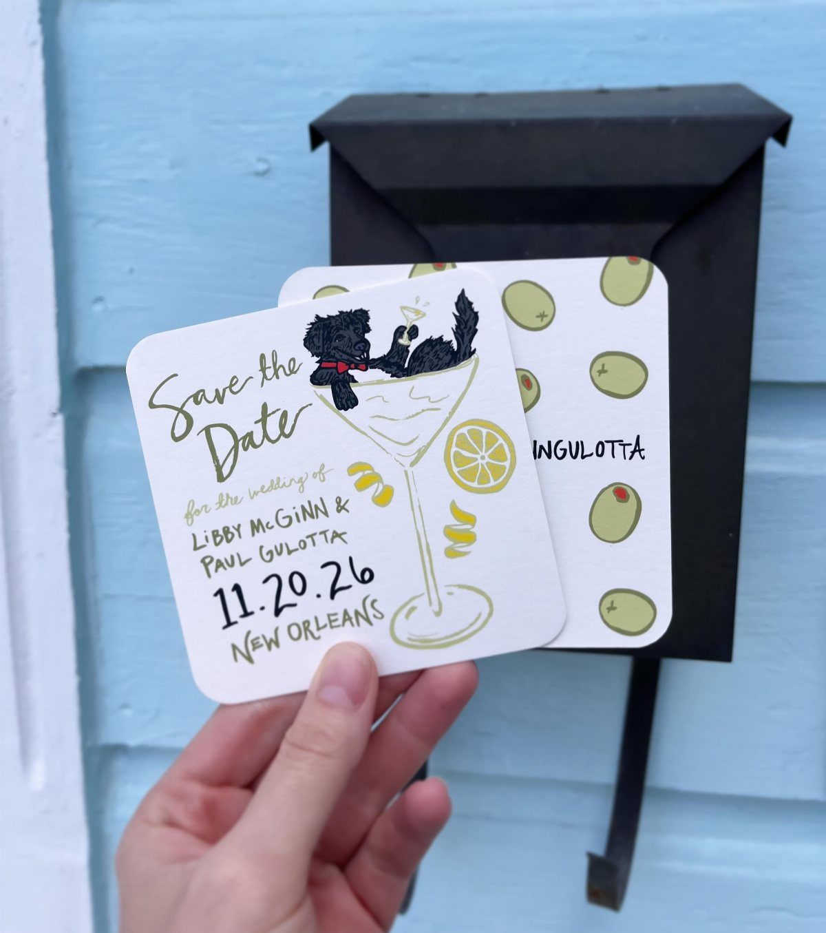 Two custom wedding save the date coasters featuring a dog in a martini glass.