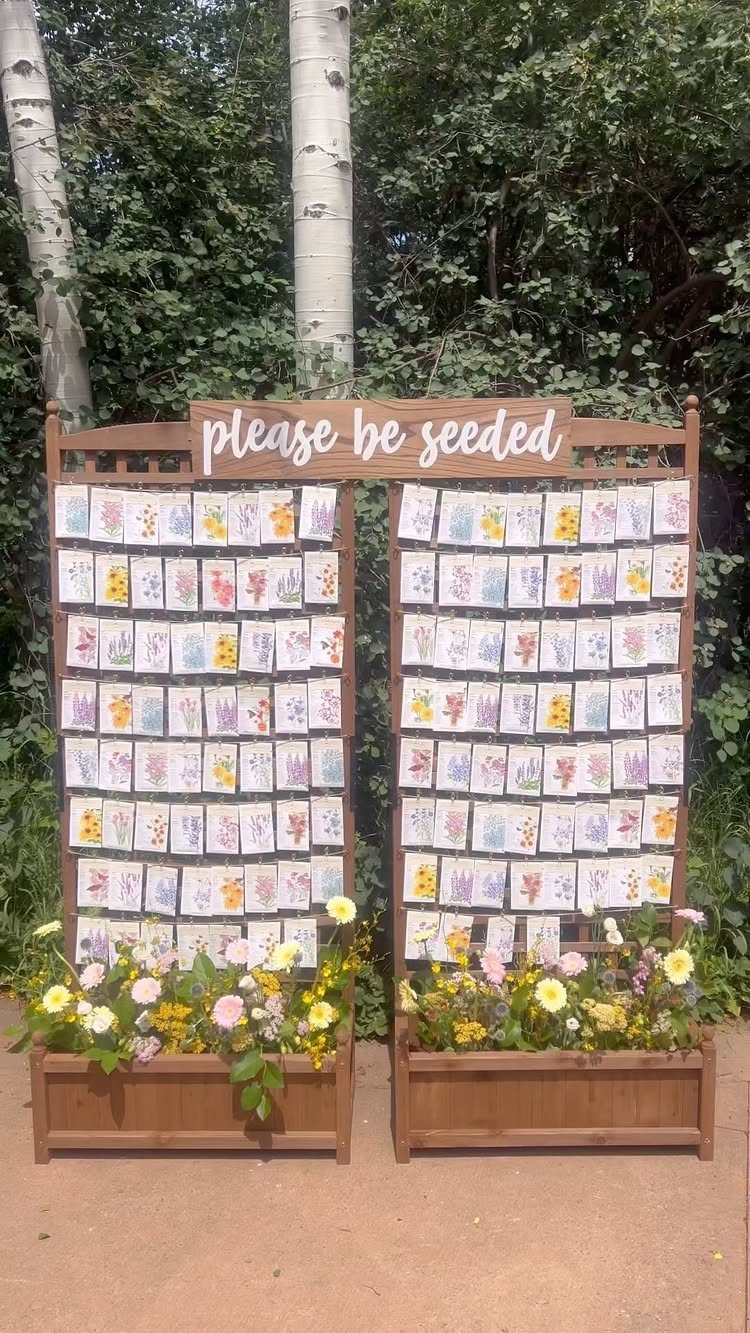 Wooden display stand holding rows of colorful seed packets with floral base boxes.