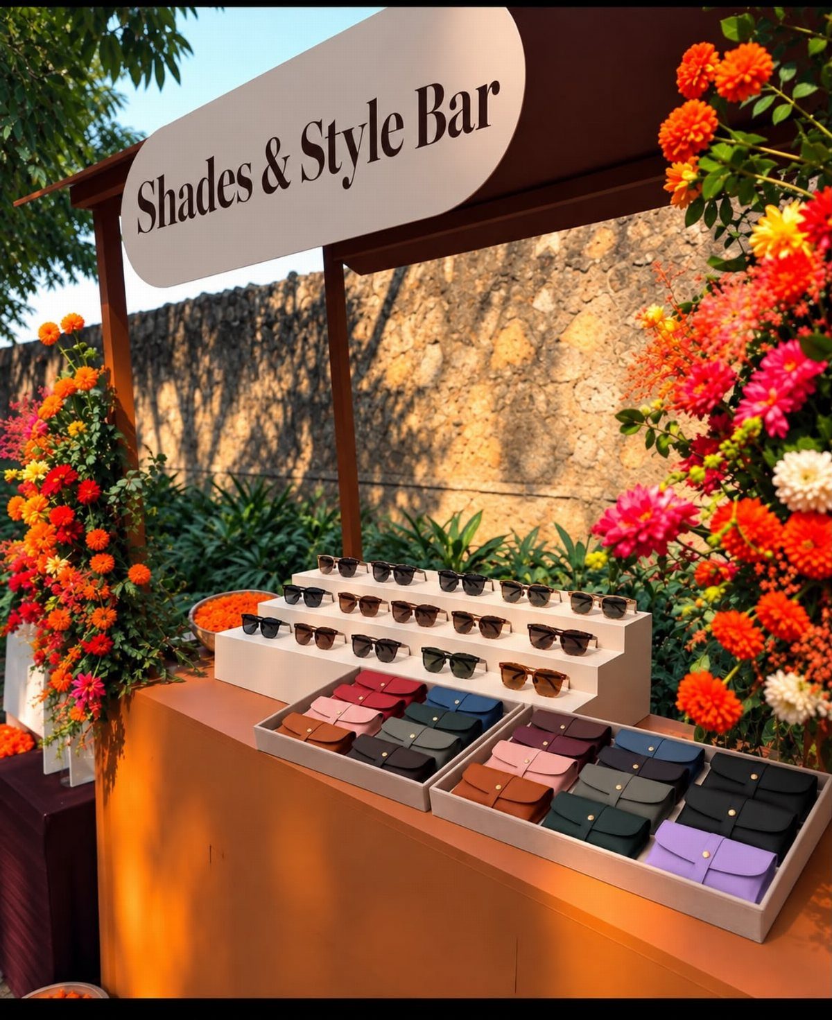 Sunglasses and cases displayed at a decorated outdoor Shades and Style Bar.