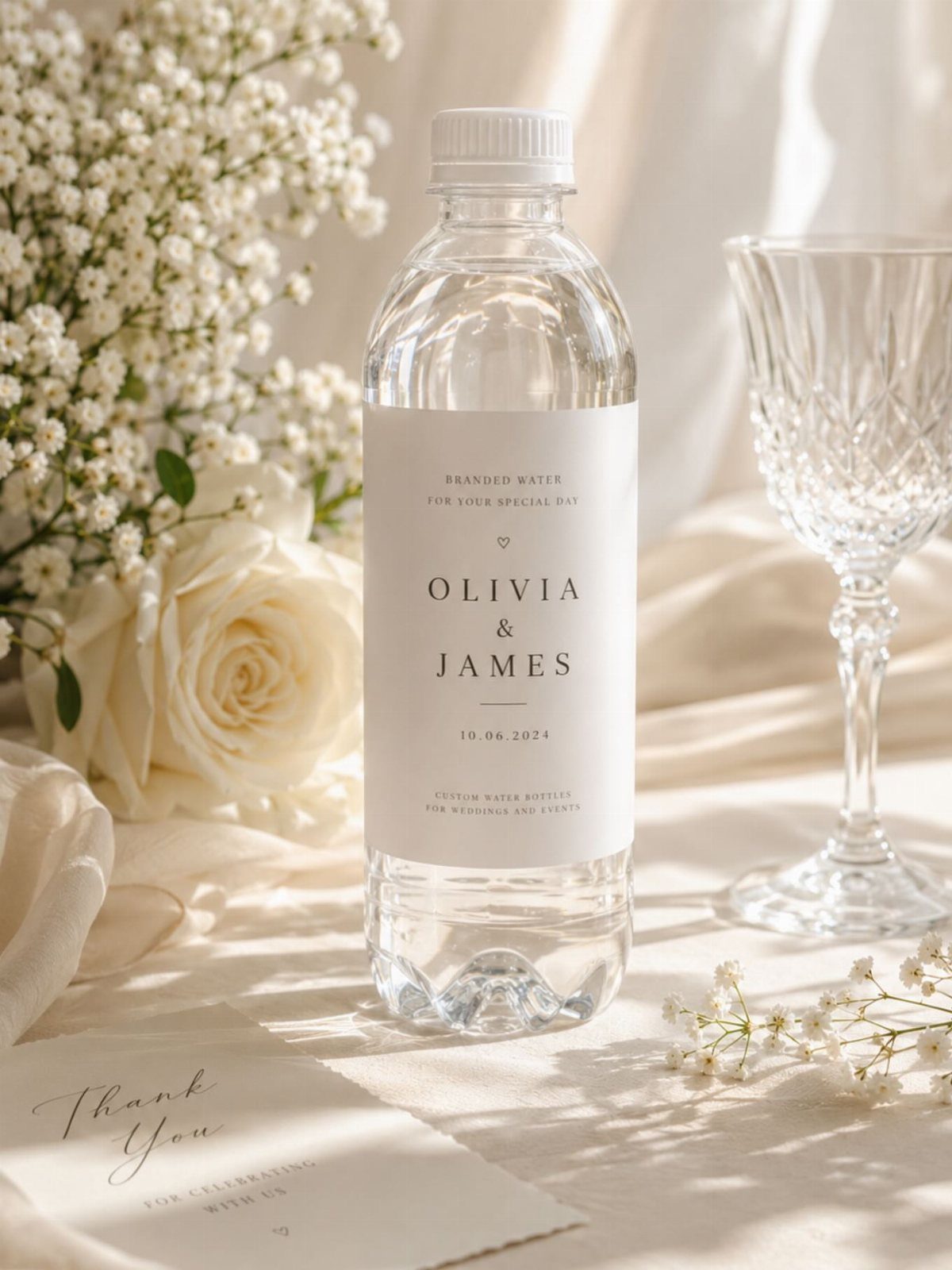 Customized water bottle with wedding label next to white roses and crystal glassware.