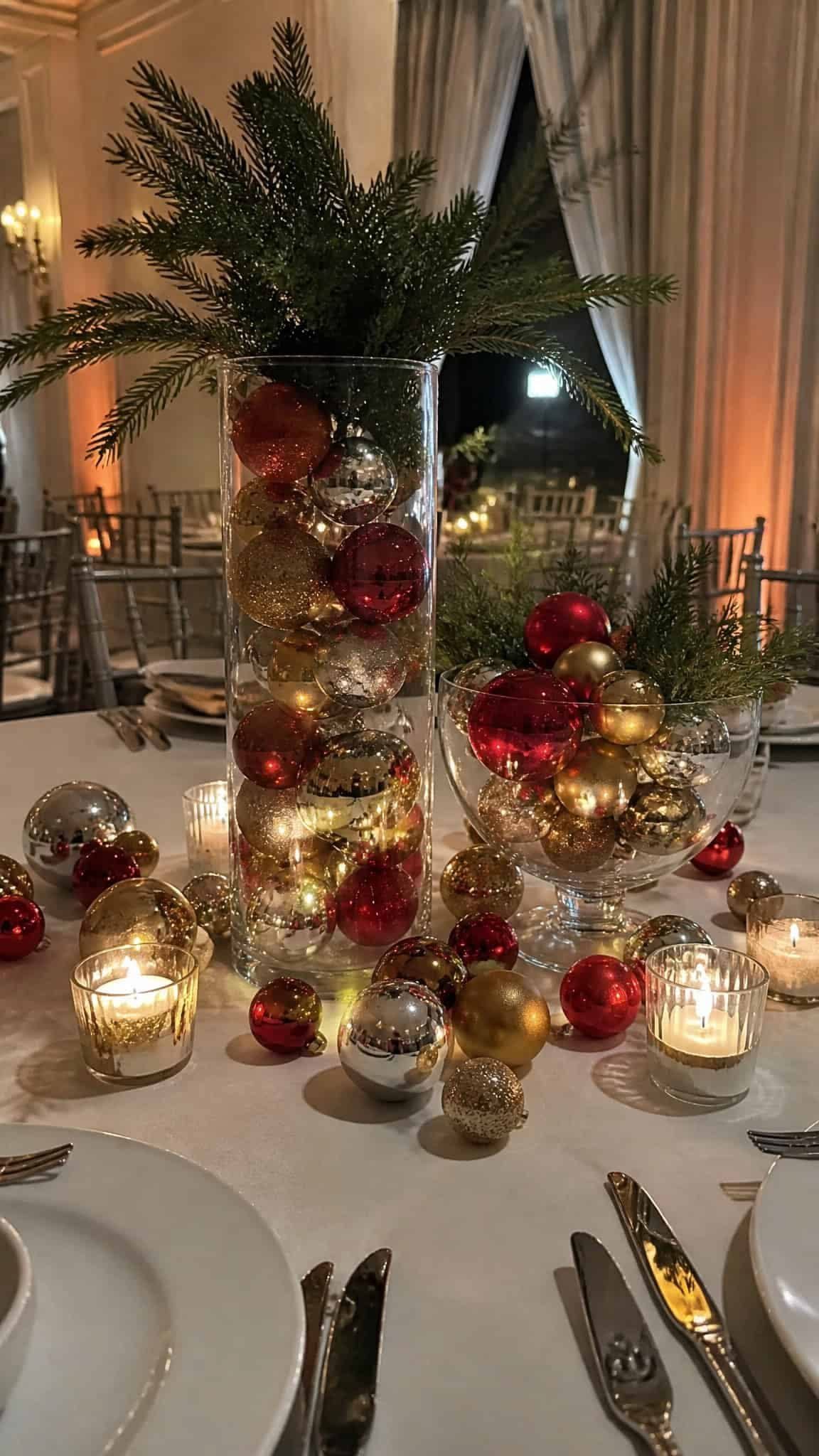 Glass cylinder vase filled with red and gold ornaments topped with evergreen branches.