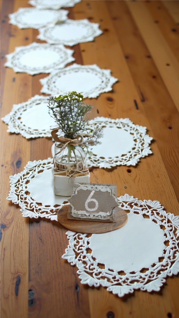 White lace doilies arranged as a table runner with a small floral centerpiece.