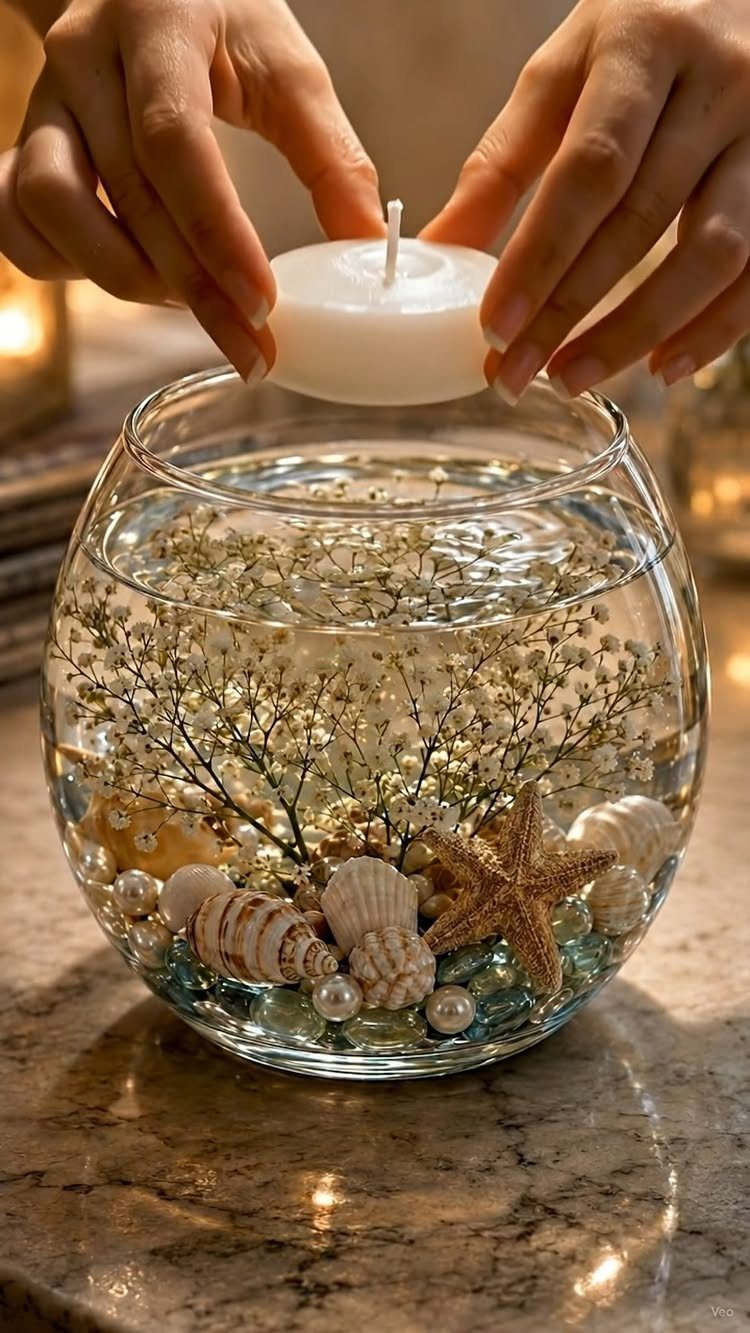 Glass fish bowl centerpiece with baby's breath, seashells, and a floating candle.