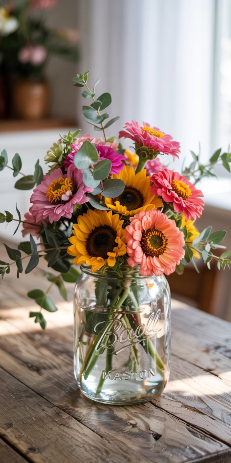 Colorful sunflowers and zinnias in a glass Mason jar on a wooden table.