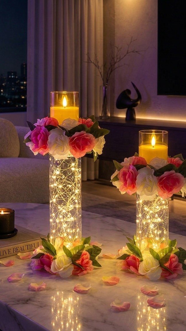 Glass cylinder vases with fairy lights, pink peonies, and yellow pillar candles.