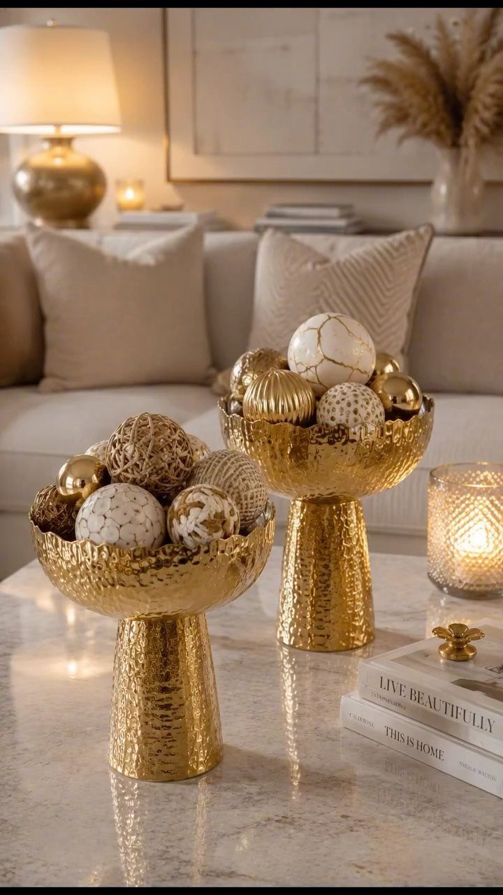 Gold pedestal bowls with decorative spheres on a reflective white marble table.