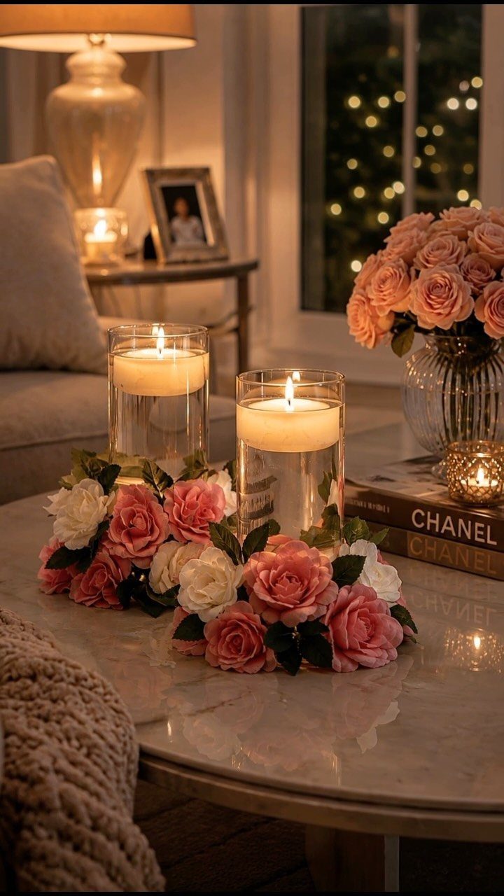 White pillar candles in glass vases surrounded by pink and white roses on marble.