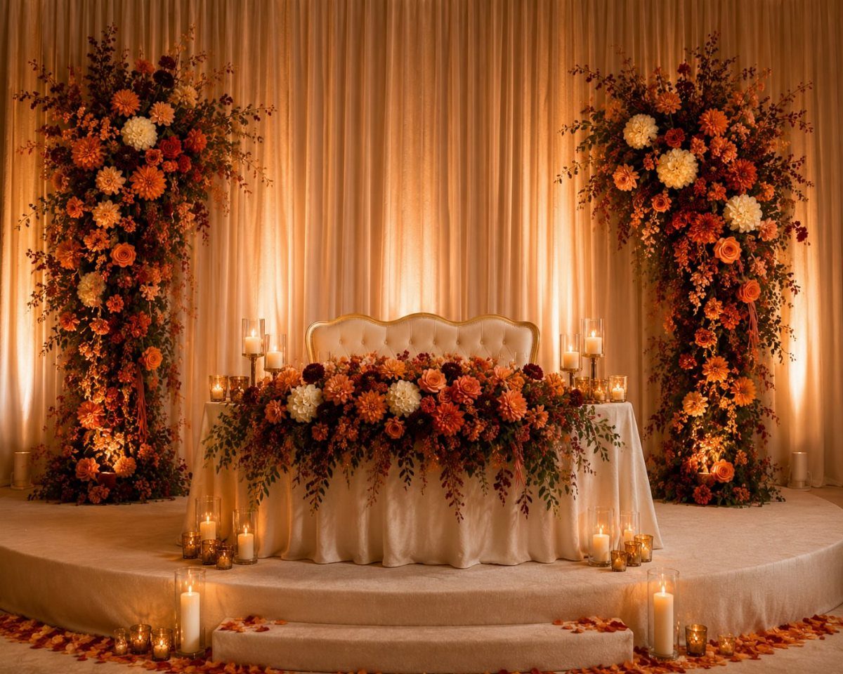 Wedding sweetheart table with orange and red floral arrangements and warm ambient lighting.