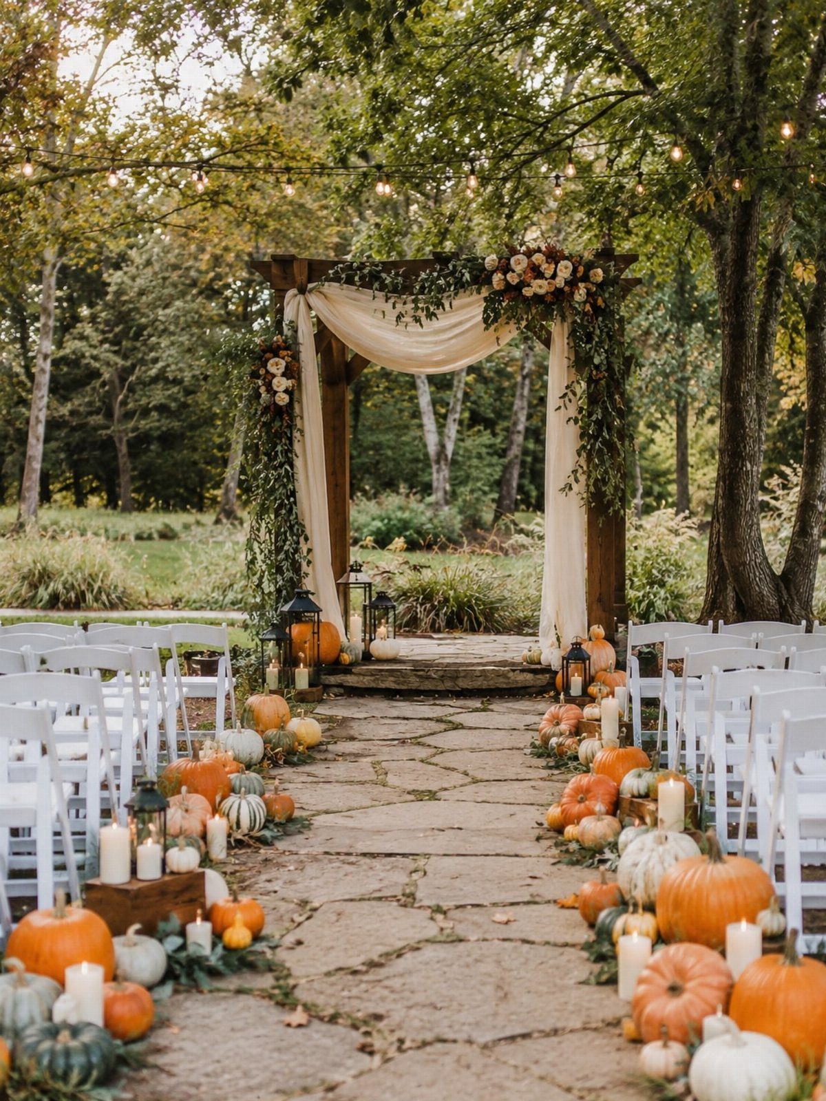 Outdoor wedding altar with stone path lined by pumpkins, candles, and autumn florals.