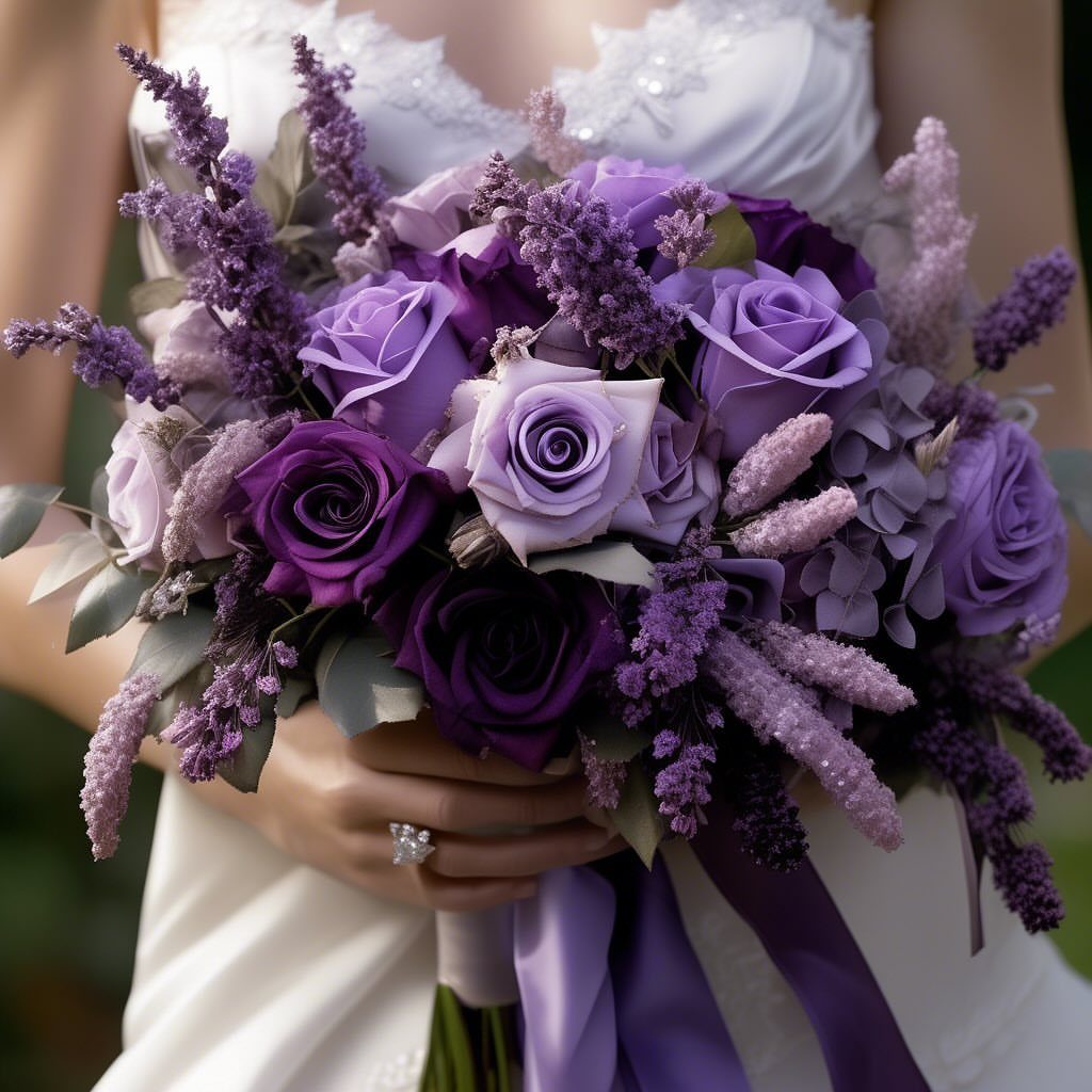 Bridal bouquet featuring dark purple and lavender roses with purple floral accents.