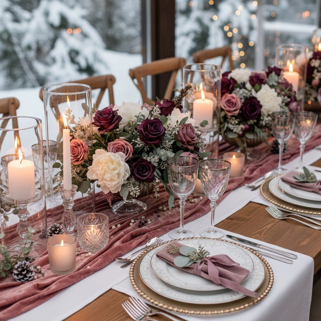 Wedding table setting with plum and dusty rose flowers, gold plates, and candles.