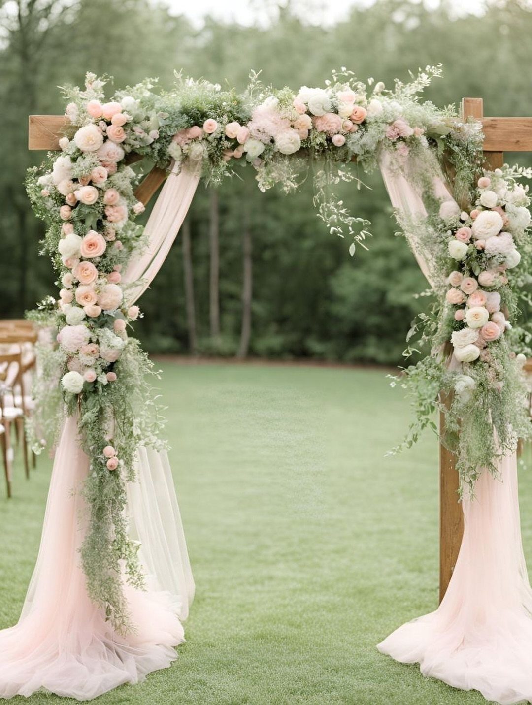 Wooden wedding arch adorned with peach roses, green leaves, and flowing peach fabric.