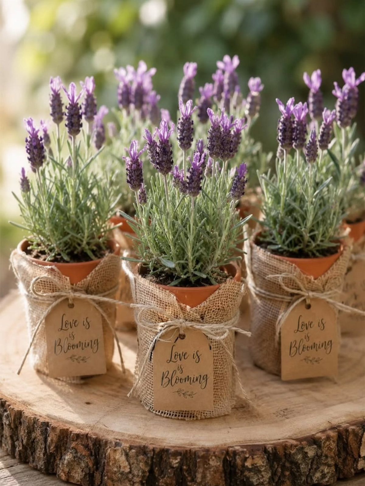 Lavender plants in burlap-wrapped pots with Love is Blooming tags on wood slice