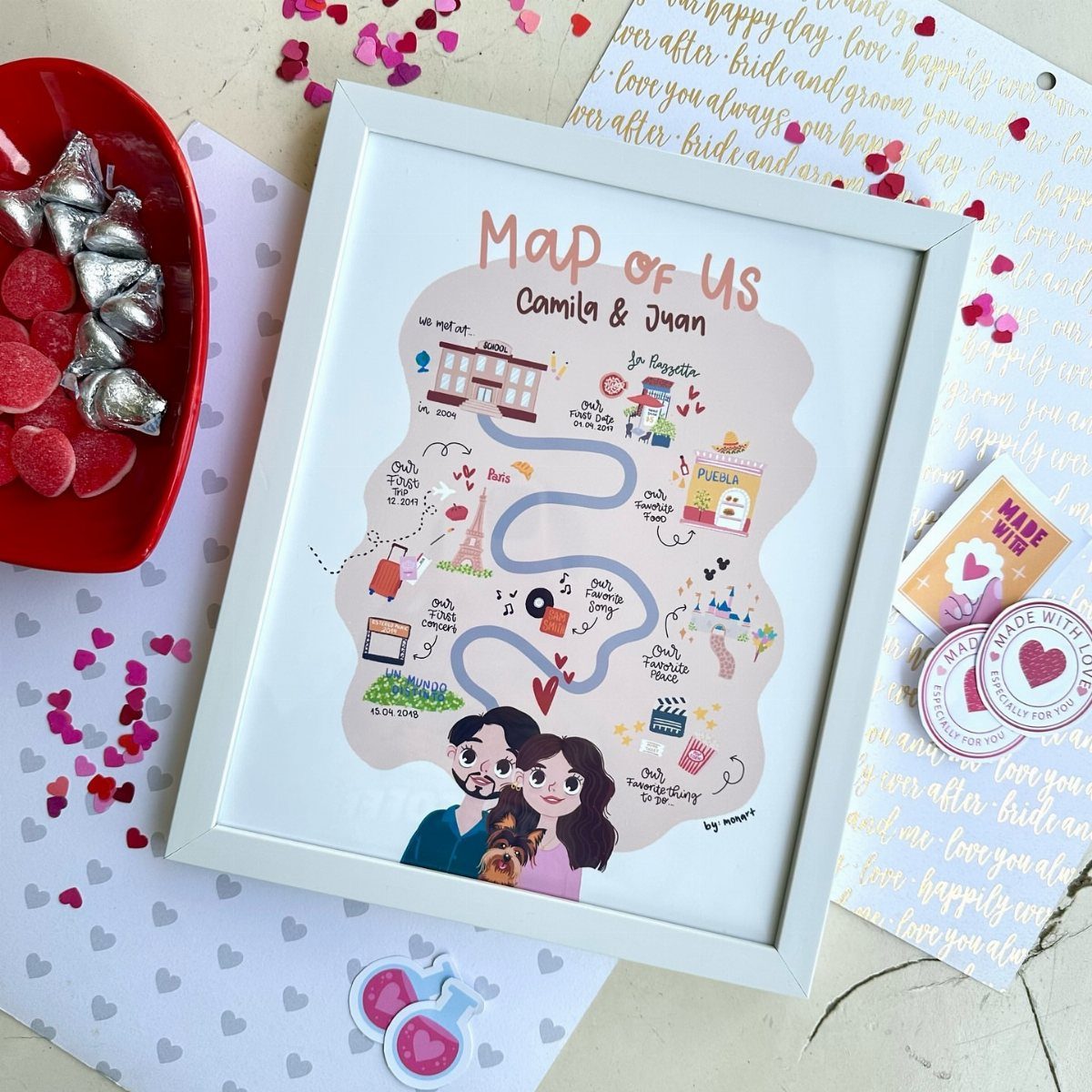Custom illustrated 'Map of Us' print for a couple in a white frame.