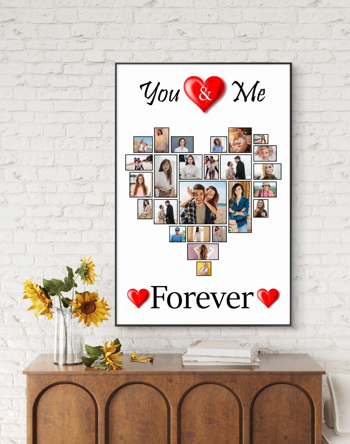 Heart-shaped photo collage frame with romantic text and hearts on a wooden sideboard.