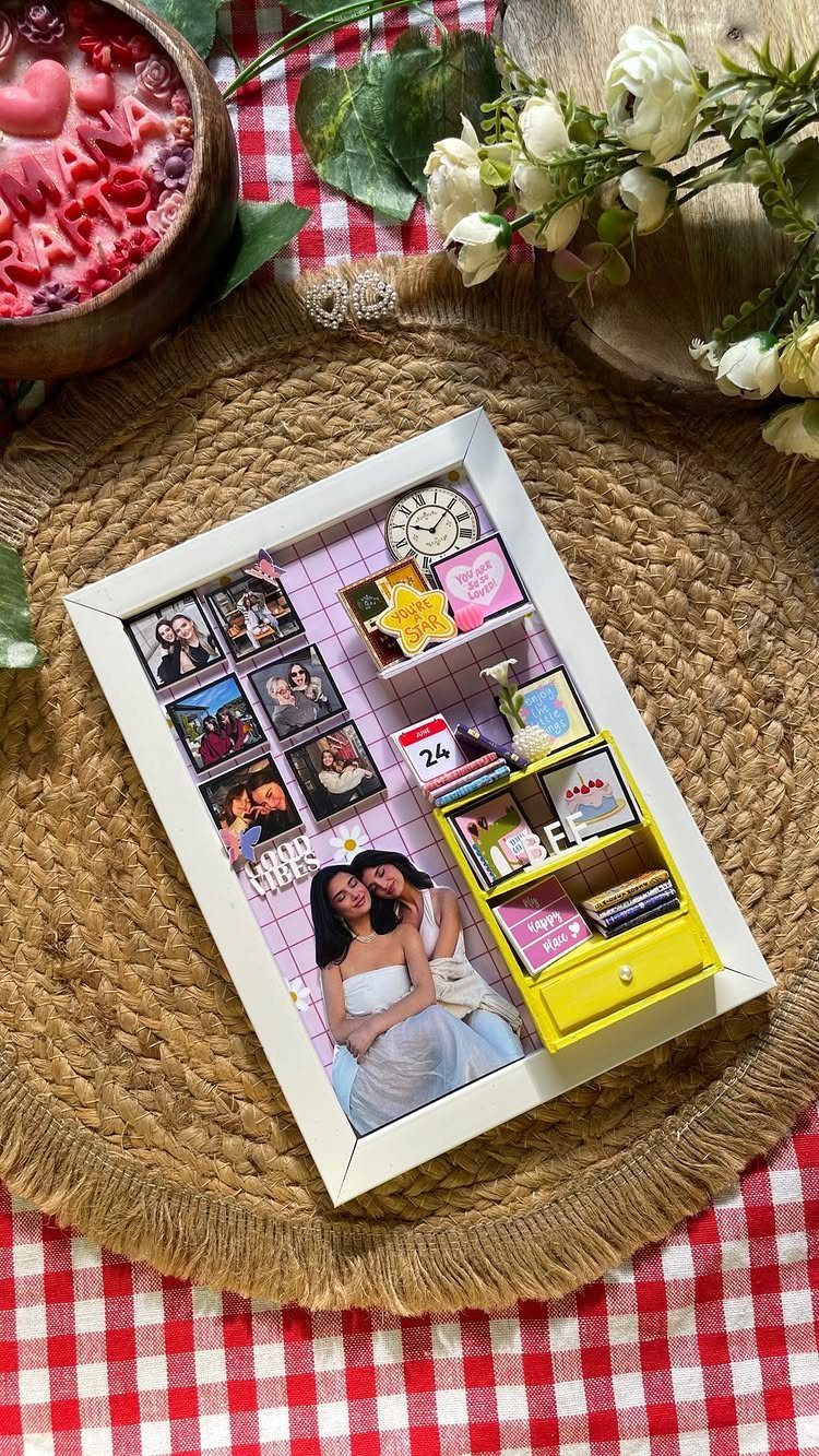 Miniature 3D room shadow box gift featuring couple photos and tiny furniture.