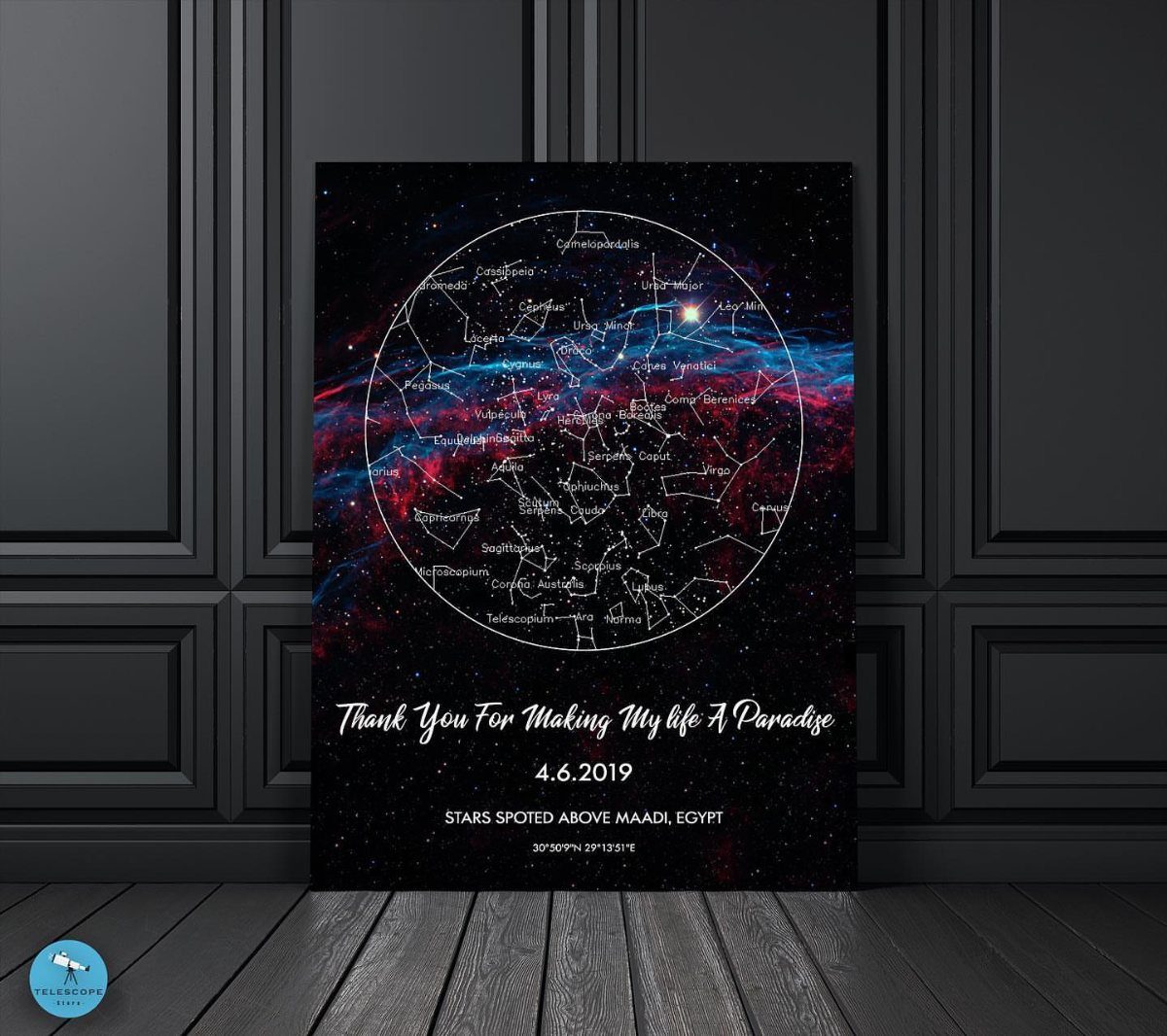 Personalized star map poster with constellations and a romantic quote on a dark wall