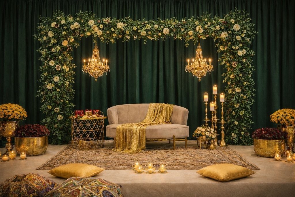 Luxurious lounge with gold chandeliers, floral arch, and candles against green curtains.